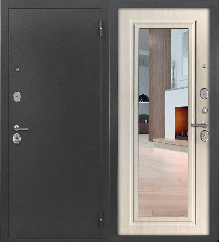 Дверь металлическая Страж 2К Модерн с зеркалом. Антик Серебро, ПВХ Сосна прованс 2050х860 правая