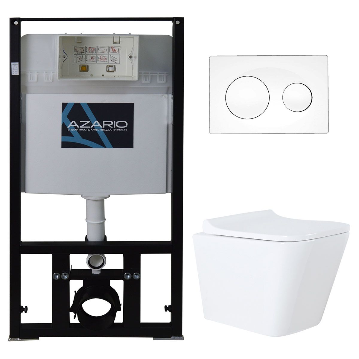 Сет AZARIO инсталляция с панелью смыва + унитаз Teramo (квадратный)  с сидением микролифт+ клавиша 0012, белая (AZ-8010-1000+AZ-8200-0012+AZ-0052)