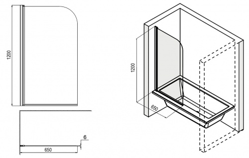 Шторка для ванны Loranto CS-F01 65х120 прозрачное стекло 6 мм