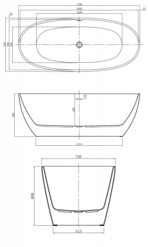 Ванна акриловая Azario DARWIN 1700х750х600 свободностоящая, в комплекте с сифоном и металлической рамой (DAR17075)