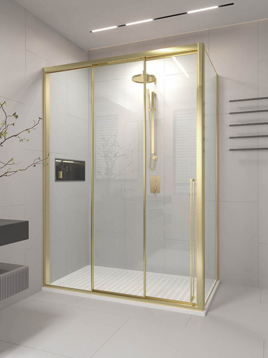 Душевой угол раздвижной Veconi Premium Ptato 300 SP G-L, 1100х1000x2000, золото брашированный, стекло прозрачное