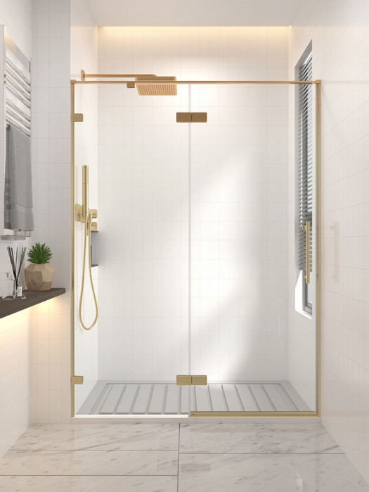 Душевая дверь распашная Veconi Premium Alassio G, 1500х2000, брашированное золото, стекло прозрачное осветленное