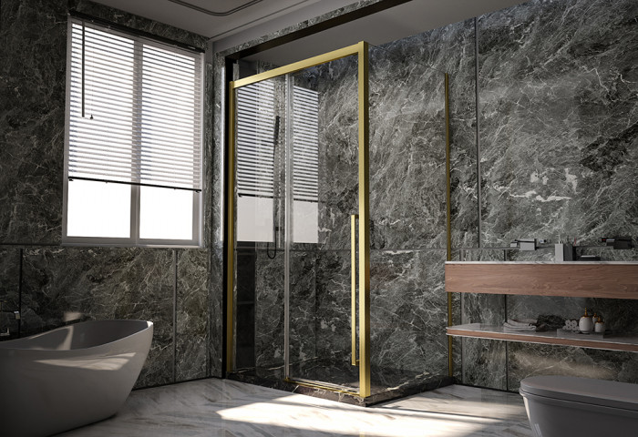 Душевой угол Veconi Premium Trento PTC-SP-30G, 1400х1000x2000, брашированное золото, стекло прозрачное