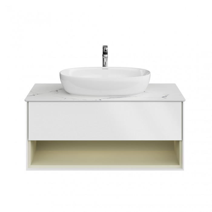 Тумба Plaza Modern/Плаза Модерн подвесная 100, нажимное открывание, 1 ящик, подсветка, белая матовая+шалфей