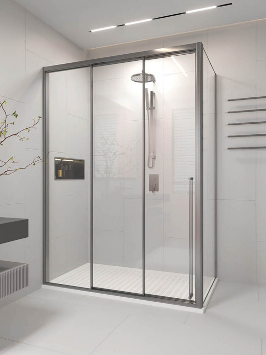 Душевой угол раздвижной Veconi Premium Ptato 300 SP GR-L, 1300х1000x2000, брашированный графит, стекло прозрачное
