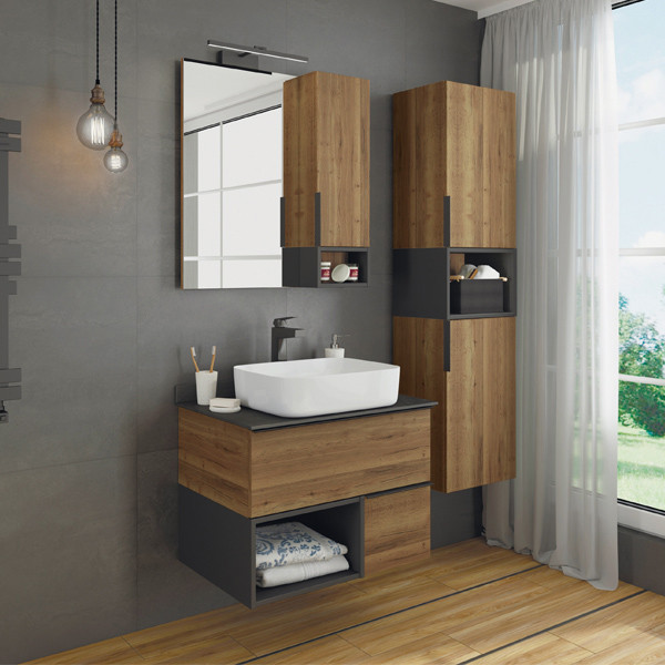 Тумба-умывальник Comforty Штутгарт-75 дуб тёмно-коричневый с черной столешницей c раковиной COMFORTY T-Y9378