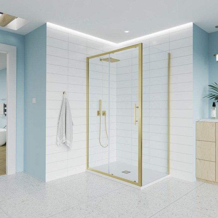 Душевой угол Veconi Evo 100SP G1400х800x1950, золото брашинг, прозрачное стекло