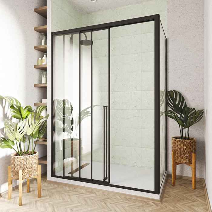 Душевой угол раздвижной Veconi Premium Prato 300 SP B-L, 1400х800x2000, черный матовый, стекло прозрачное