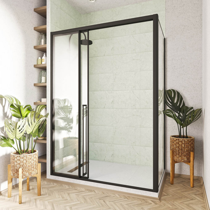 Душевой угол раздвижной Veconi Premium Prato 300 SP B-L, 1400х900x2000, черный матовый, стекло прозрачное