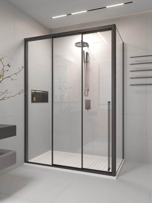 Душевой угол раздвижной Veconi Premium Prato 300 SP B-L, 1500х900x2000, черный матовый, стекло прозрачное