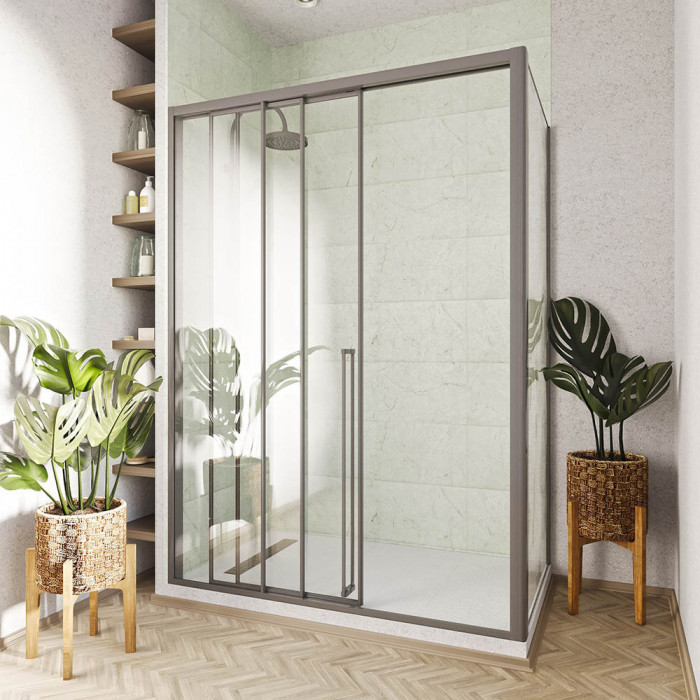 Душевой угол раздвижной Veconi Premium Ptato 300 SP GR-L, 1700х800x2000, брашированный графит, стекло прозрачное
