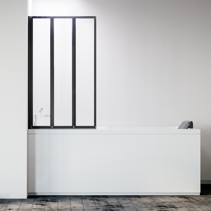 Шторка на ванну складная левая Veconi Palau, PL-73BL, 900x1500, черный матовый, прозрачное стекло