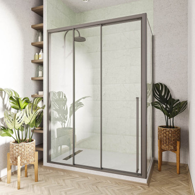 Душевой угол раздвижной Veconi Premium Ptato 300 SP GR-L, 1700х900x2000, брашированный графит, стекло прозрачное