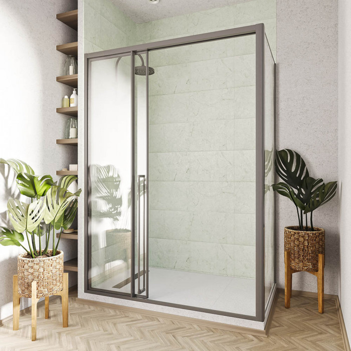 Душевой угол раздвижной Veconi Premium Ptato 300 SP GR-L, 1700х900x2000, брашированный графит, стекло прозрачное