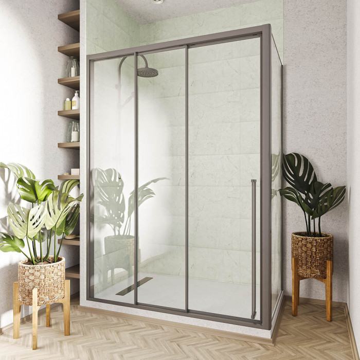 Душевой угол раздвижной Veconi Premium Ptato 300 SP GR-L, 1700х1000x2000, брашированный графит, стекло прозрачное