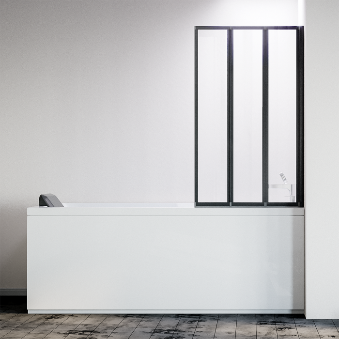 Шторка на ванну складная правая Veconi Palau, PL-73BR, 900x1500, черный матовый, прозрачное стекло
