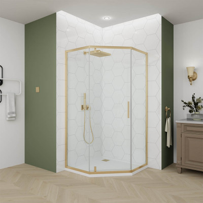 Душевой угол Veconi Ottimo P10 G, 900x900x1900, золото брашинг, стекло прозрачное