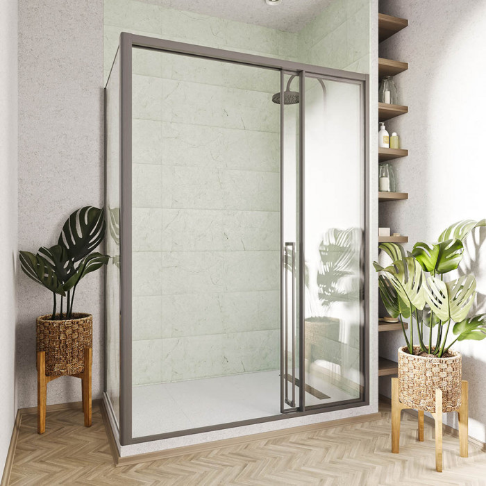 Душевой угол раздвижной Veconi Premium Ptato 300 SP GR-R, 1300х900x2000, брашированный графит, стекло прозрачное
