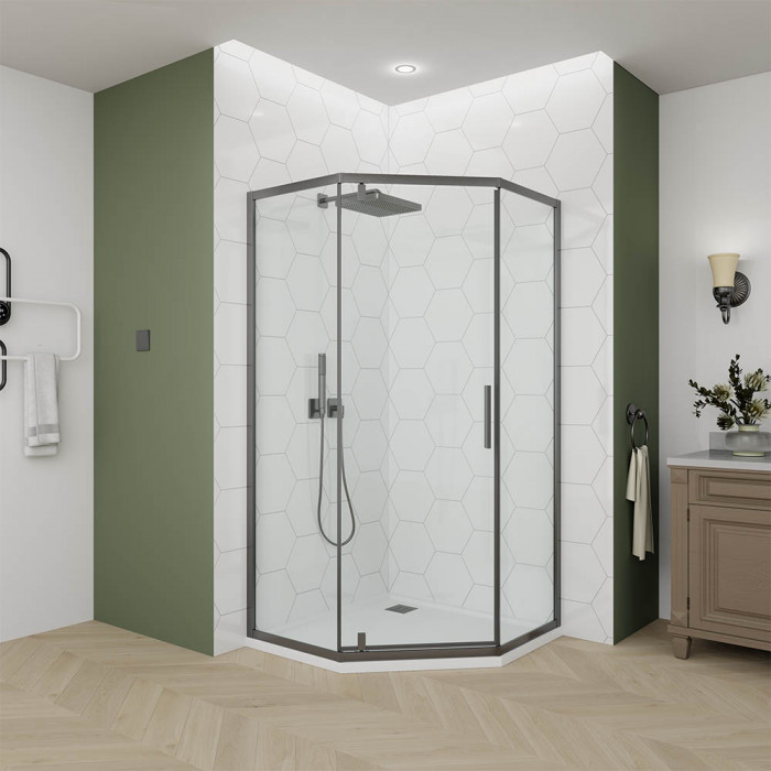 Душевой угол Veconi Ottimo P10 GR, 900x900x1900, графит брашинг, стекло прозрачное