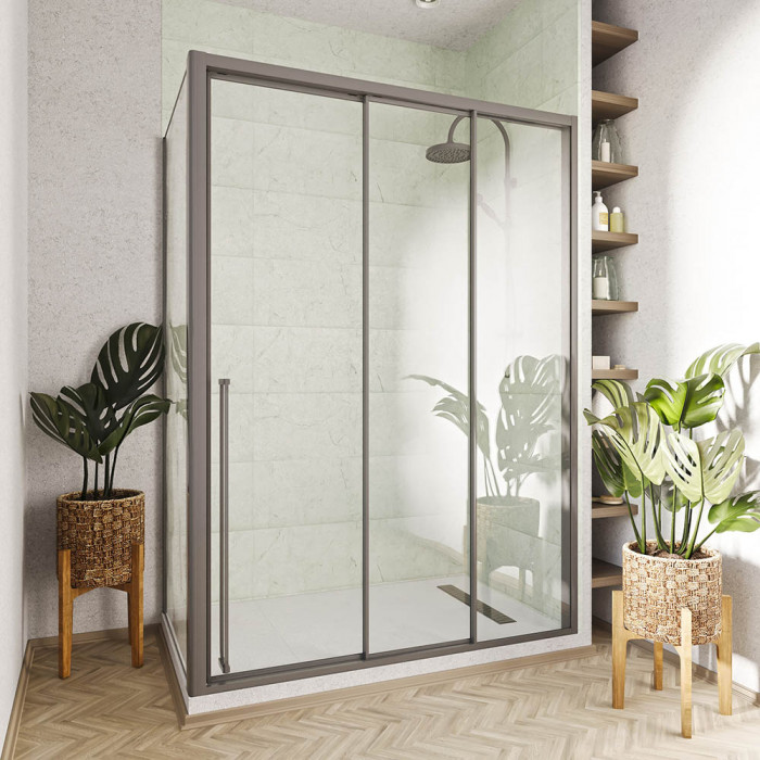 Душевой угол раздвижной Veconi Premium Ptato 300 SP GR-R, 1400х800x2000, брашированный графит, стекло прозрачное