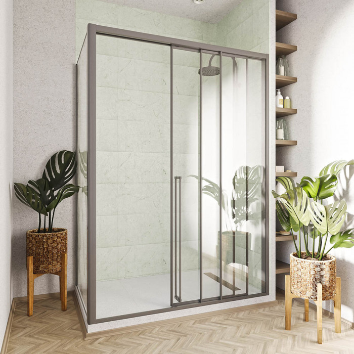 Душевой угол раздвижной Veconi Premium Ptato 300 SP GR-R, 1600х900x2000, брашированный графит, стекло прозрачное