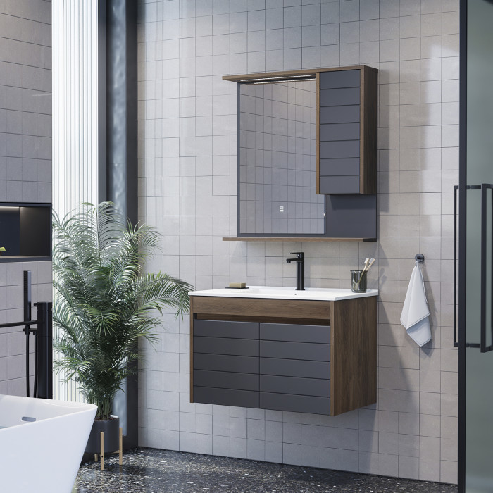 Тумба-умывальник Comforty Кемер-75 антрацит/дуб тёмно-коричневый с раковиной Comforty 75E