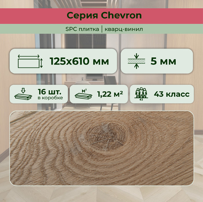 Кварвиниловый ламинат (SPC) Chevron Шампань 125x610x5 STRONG STEP