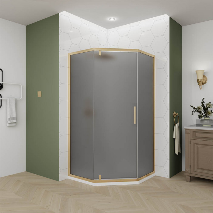 Душевой угол Veconi Ottimo P10 G, 900x900x1900, золото брашинг, стекло тонированное матовое